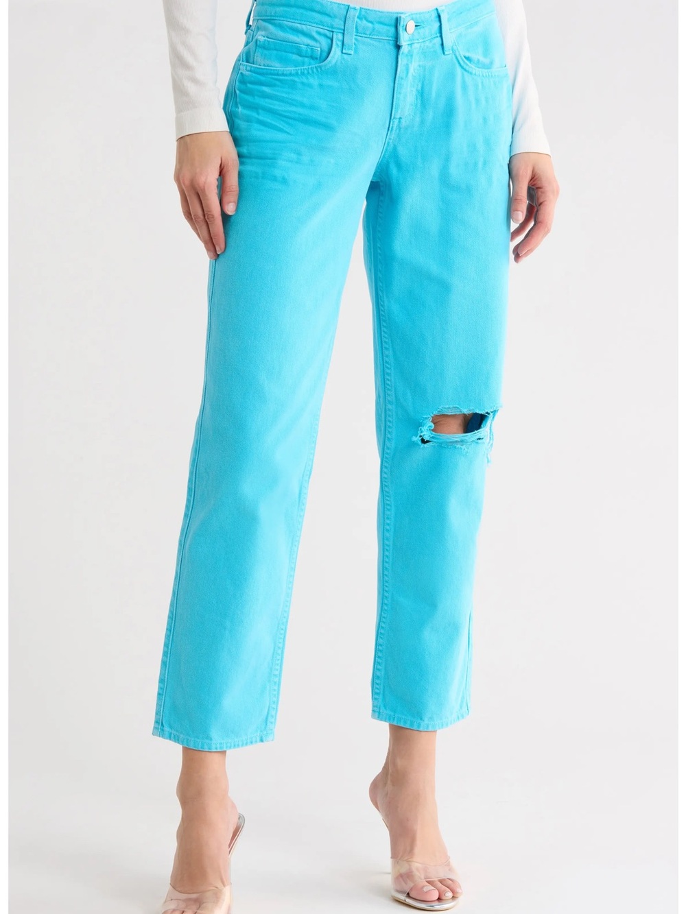 LAGENCE Nevia Aqua Blue Low Rise Slouchy Straight Leg Distressed Jeans 27 NWOT